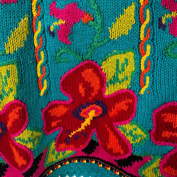 Vintage 1990s Handknitted Int Express Women’s Floral Knit Sweater Funky Medium - Picture 2 of 10